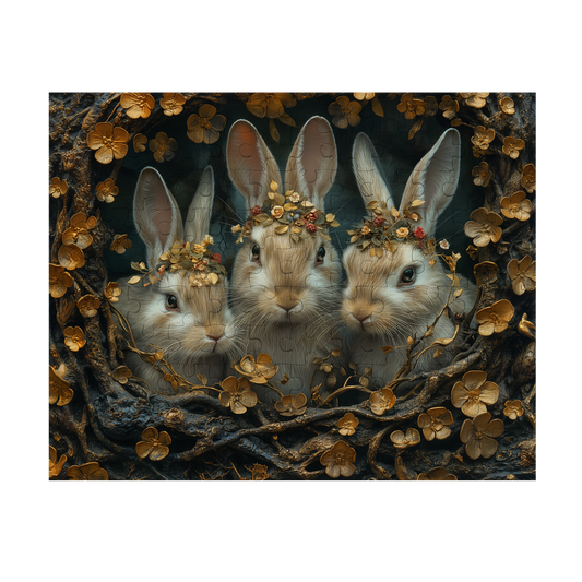 Flower Crowns - Premium Jigsaw Puzzle - Ornate, Elegant, Rabbits, Golden - Multiple Sizes Available