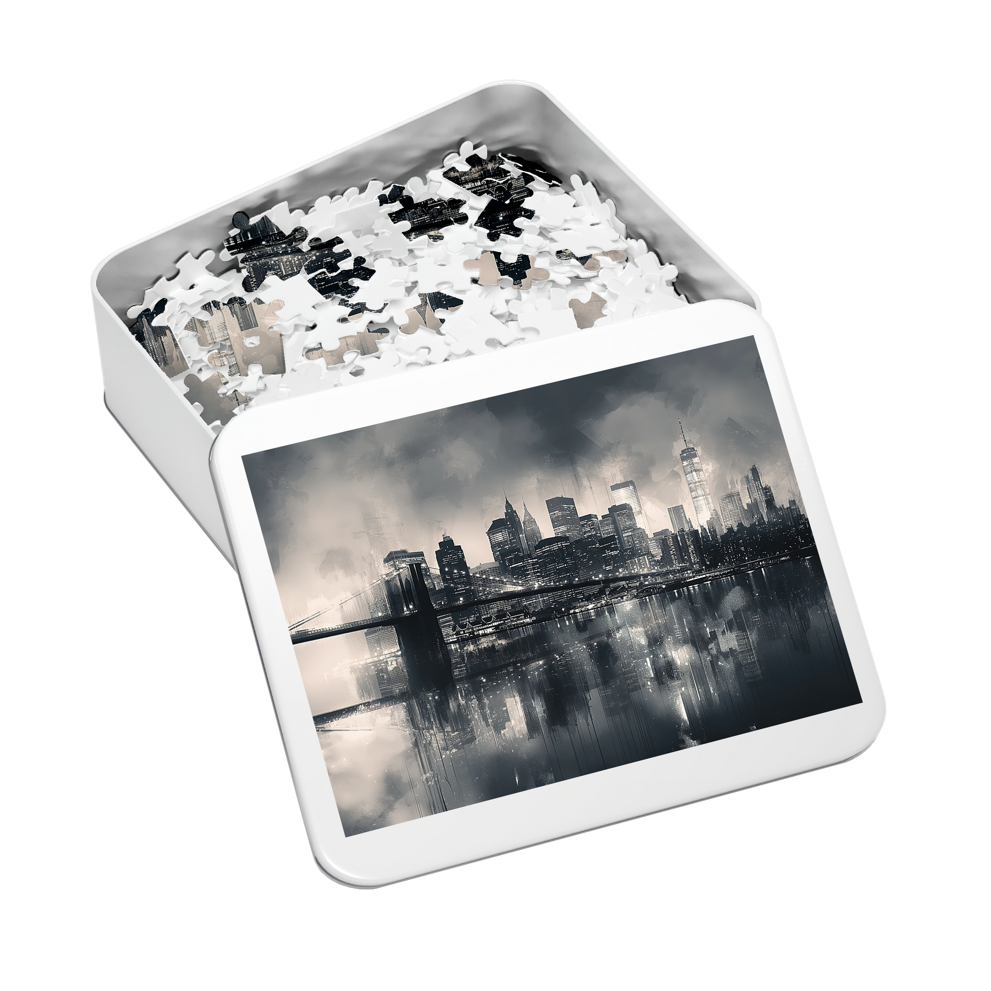 Suspension - Premium Jigsaw Puzzle - Black and White, Cityscape, River Bridge, Mist - Multiple Sizes Available
